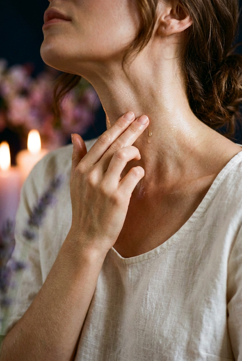 Fingertips resting at the side of a woman’s neck in warm candlelight, lavender softly blurred behind