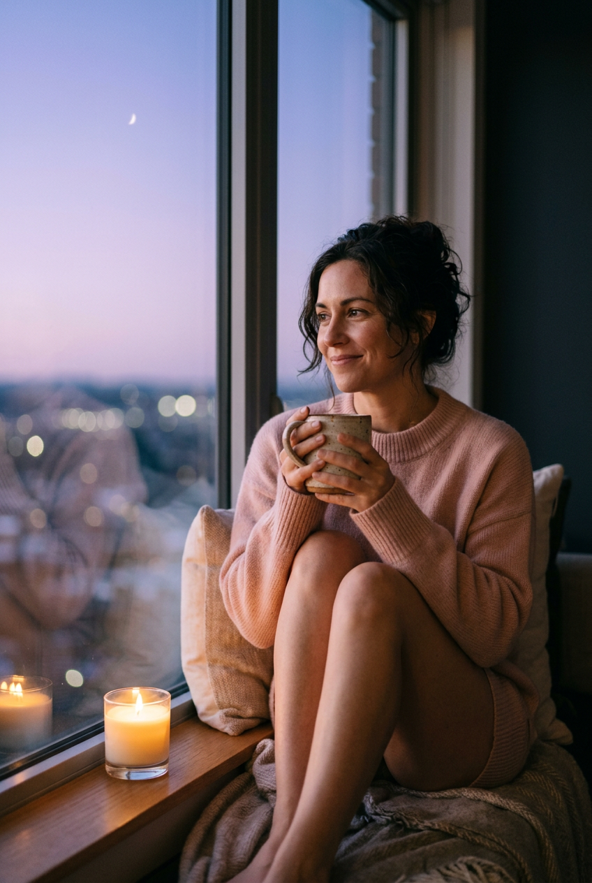 A smiling woman in blush cashmere on a deep windowsill at dusk, holding a stoneware mug beside a glass candle