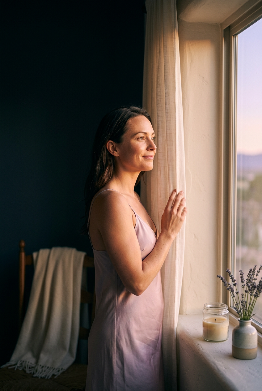 A woman smiling at a window in soft, hopeful morning light