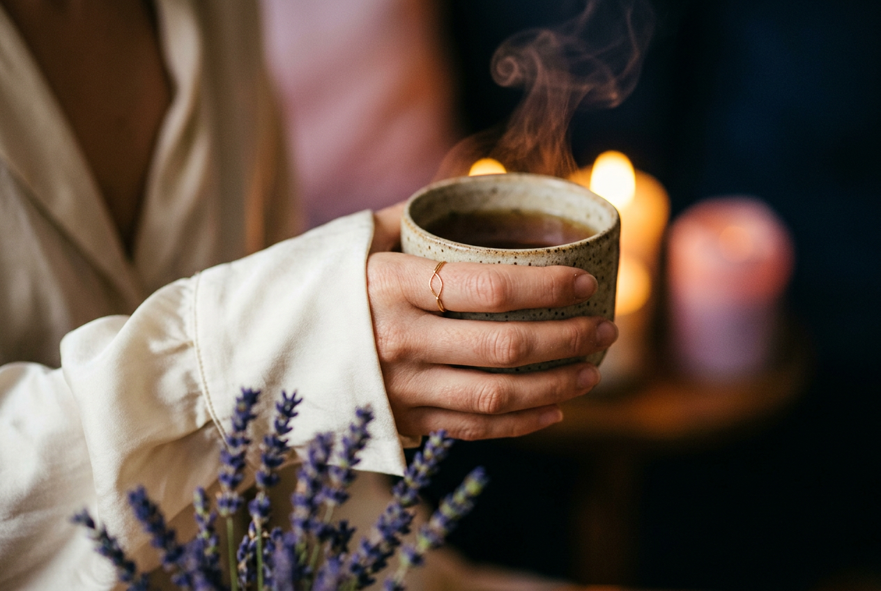 A ringed hand lifting a steaming ceramic cup beside lavender in warm candlelight