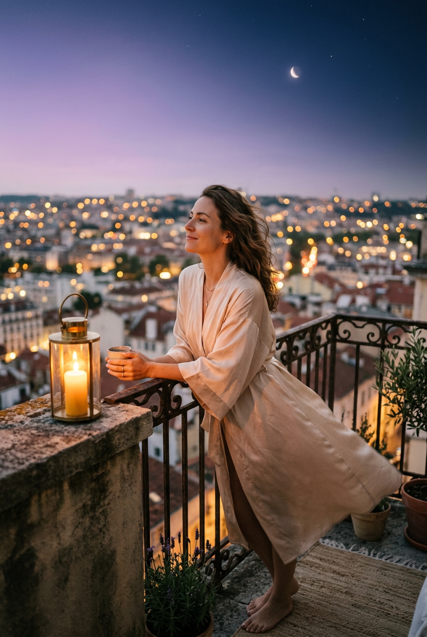 A woman in a champagne silk robe on a balcony at twilight, city lights below and a crescent moon above