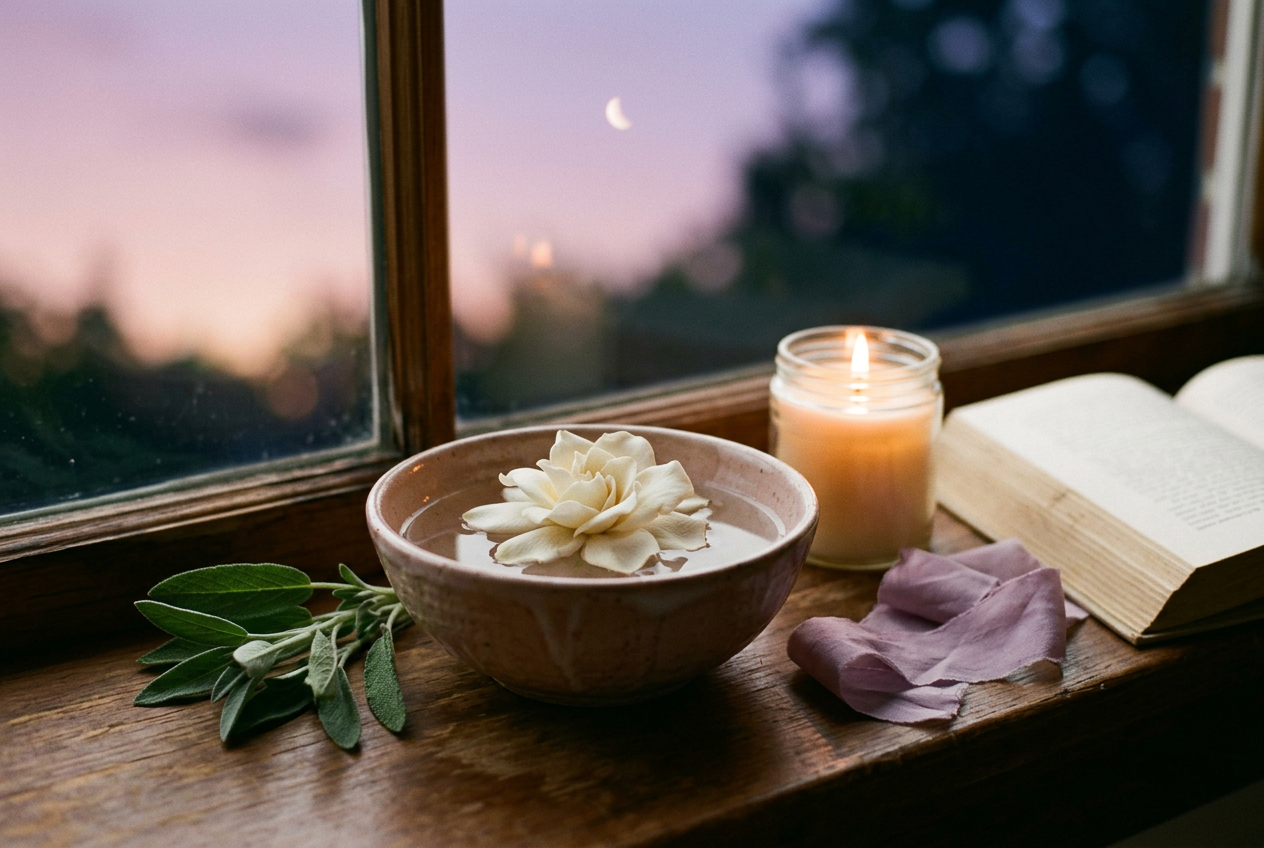 A gardenia floating in a blush ceramic bowl on a wooden sill beside a glass candle at dusk