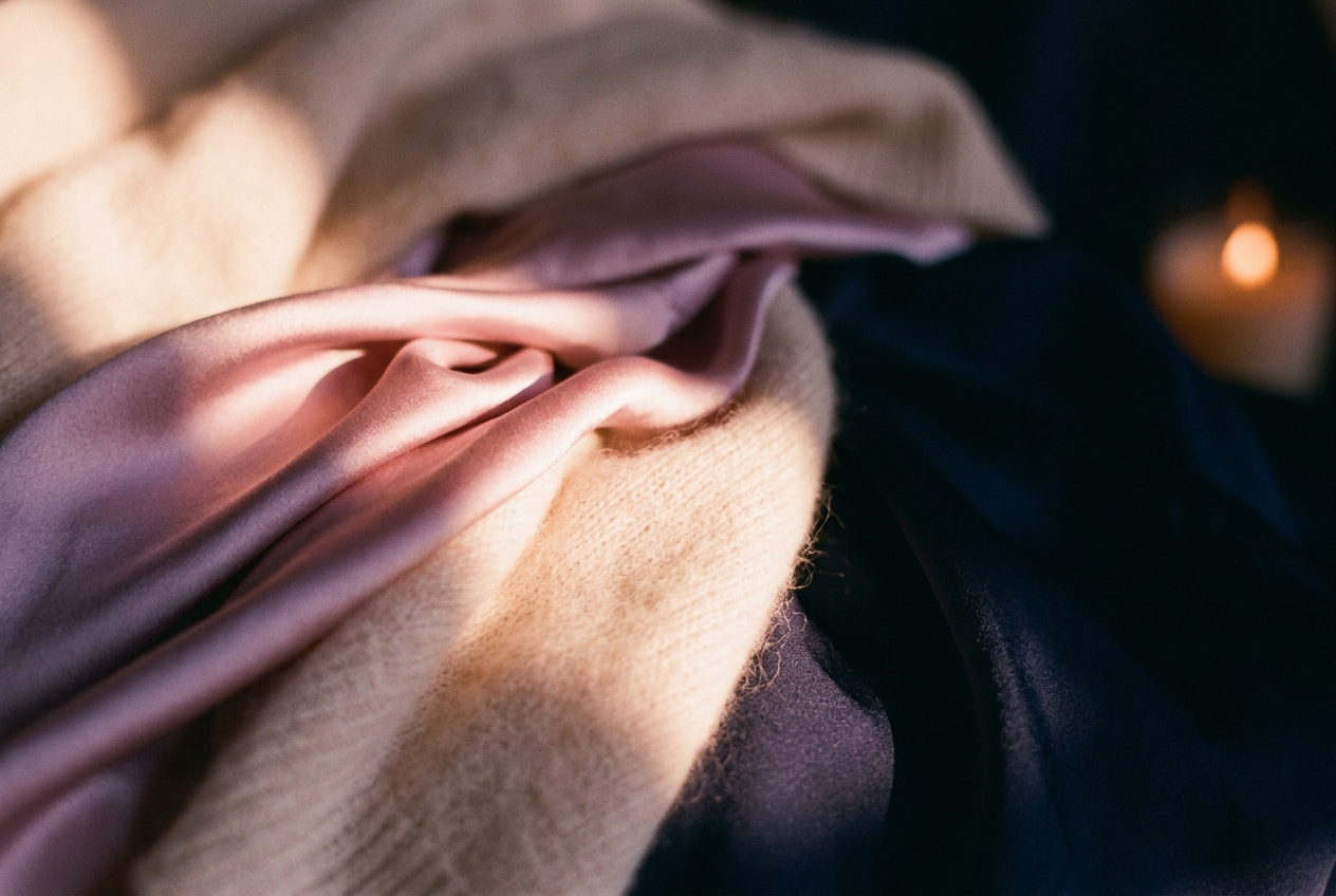Blush silk and cashmere folds catching warm dusk light