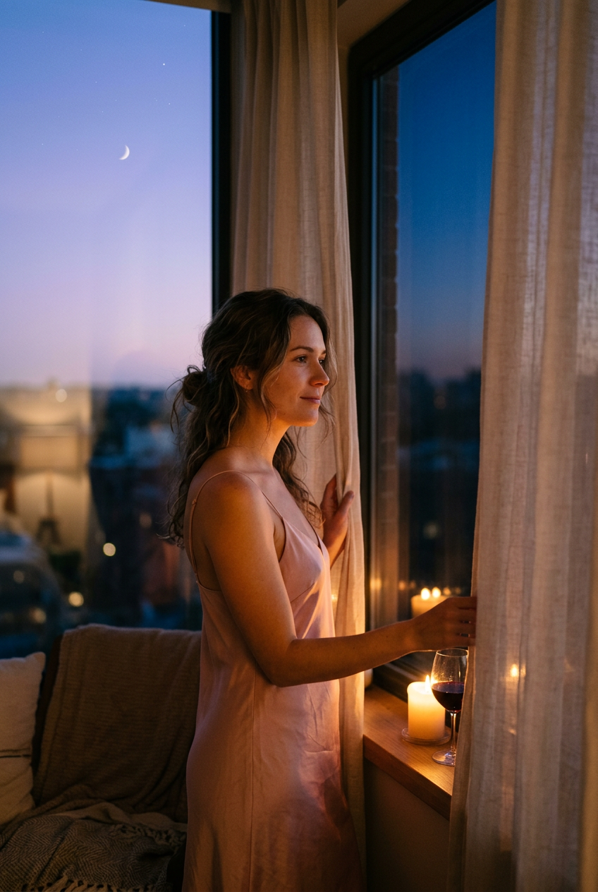 A woman in a blush silk slip at sheer curtains, a lavender twilight sky and crescent moon over the city, candles glowing on the sill